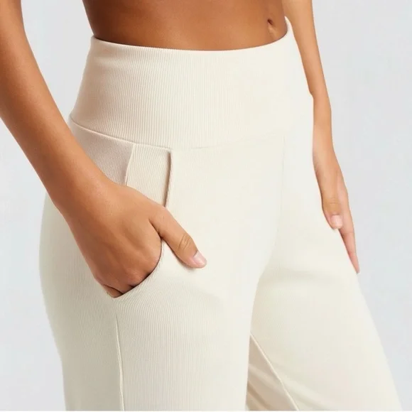 Cozy Earth Women's Rib Knit Bamboo Lounge Pull On Pajama Pant Small Ivory NEW